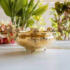 Handmade Pure Brass Urli with Elephant Figurines & Peacock Handles