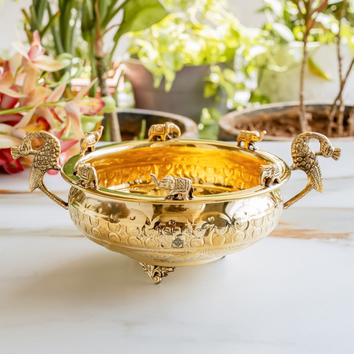 Handmade Pure Brass Urli with Elephant Figurines & Peacock Handles