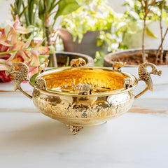 Handmade Pure Brass Urli with Elephant Figurines & Peacock Handles