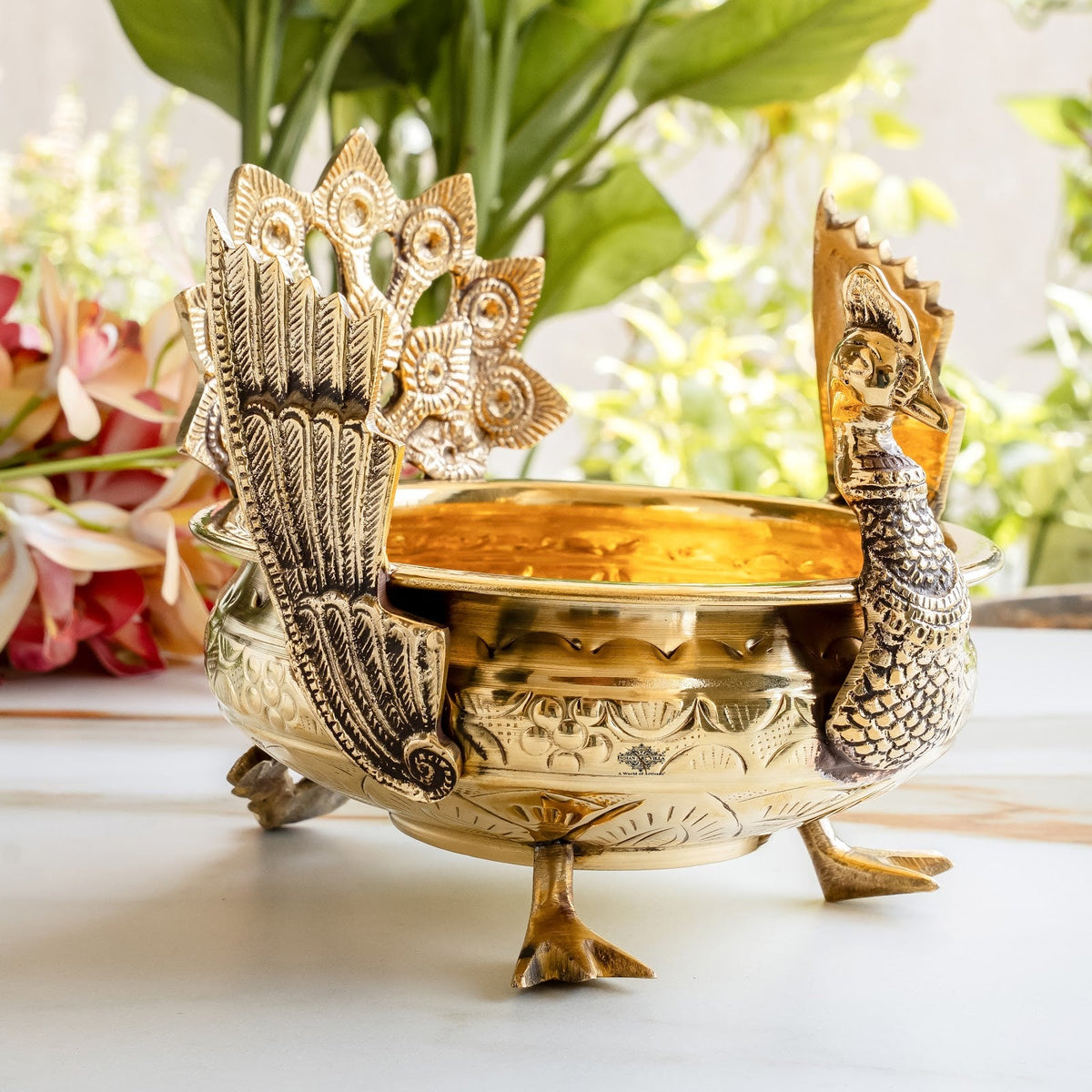 Pure Brass Peacock Urli Bowl with Ornate Handles for Home Decor