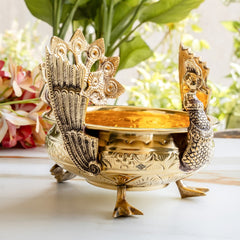 Pure Brass Peacock Urli Bowl with Ornate Handles for Home Decor