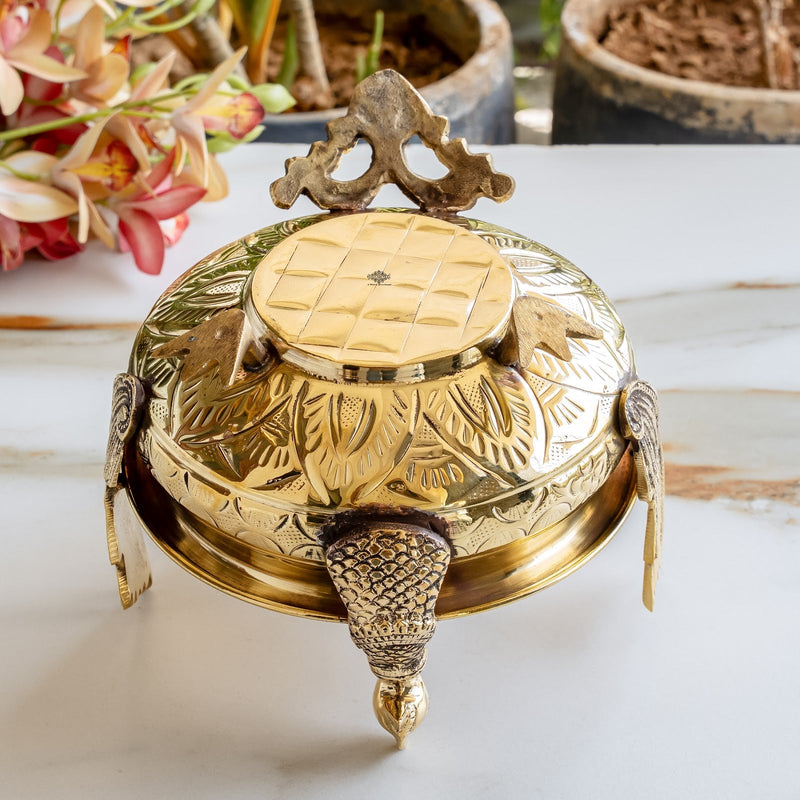 Pure Brass Peacock Urli Bowl with Ornate Handles for Home Decor