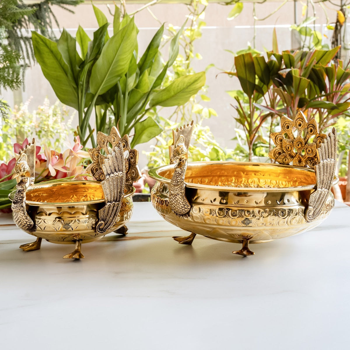 Pure Brass Peacock Urli Bowl with Ornate Handles for Home Decor