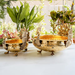 Pure Brass Peacock Urli Bowl with Ornate Handles for Home Decor