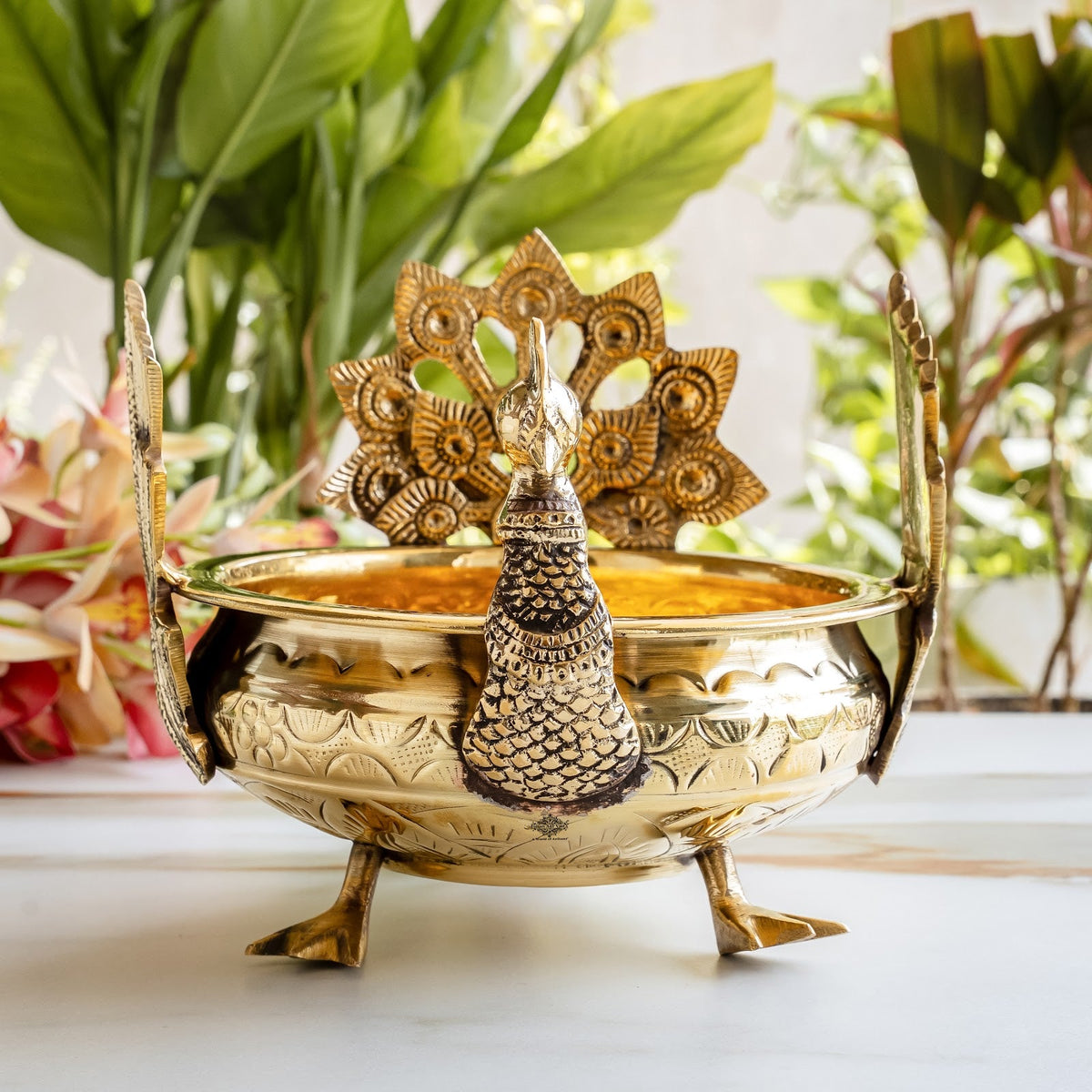 Pure Brass Peacock Urli Bowl with Ornate Handles for Home Decor