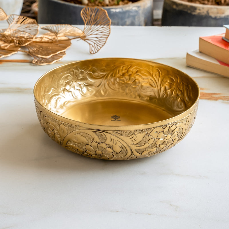 Brass Finish Urli Bowl with Floral Embossed Design