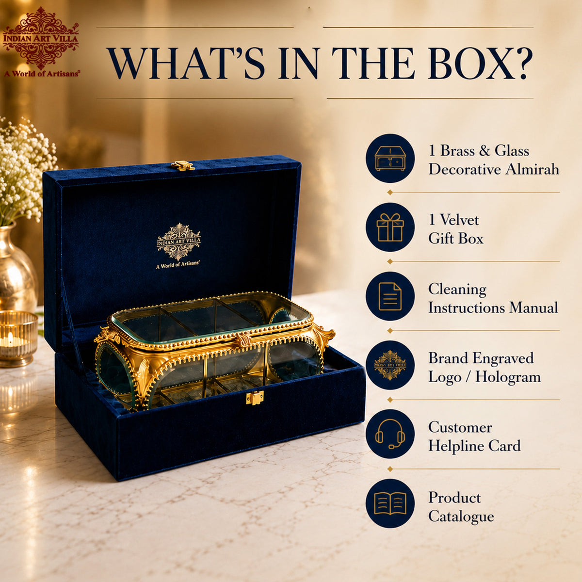 Brass & Glass Embossed Mini Almirah, 3.8 Inch Decorative Box for Home Decor & Gifting