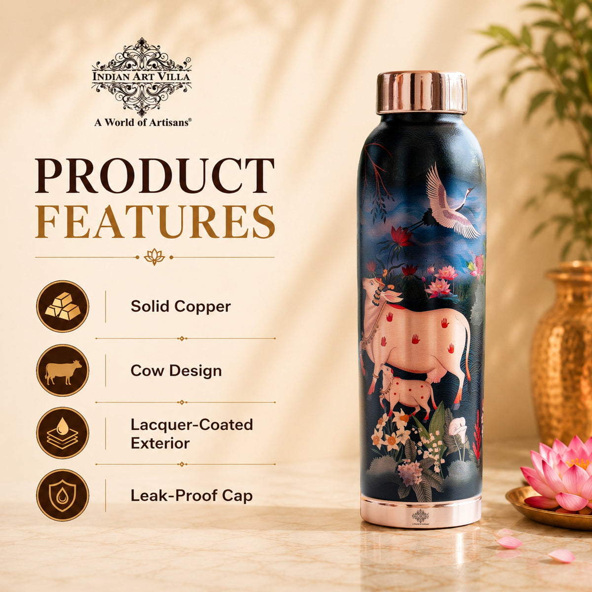 Copper Kalakriti Cow Art Printed Bottle - 940 ML