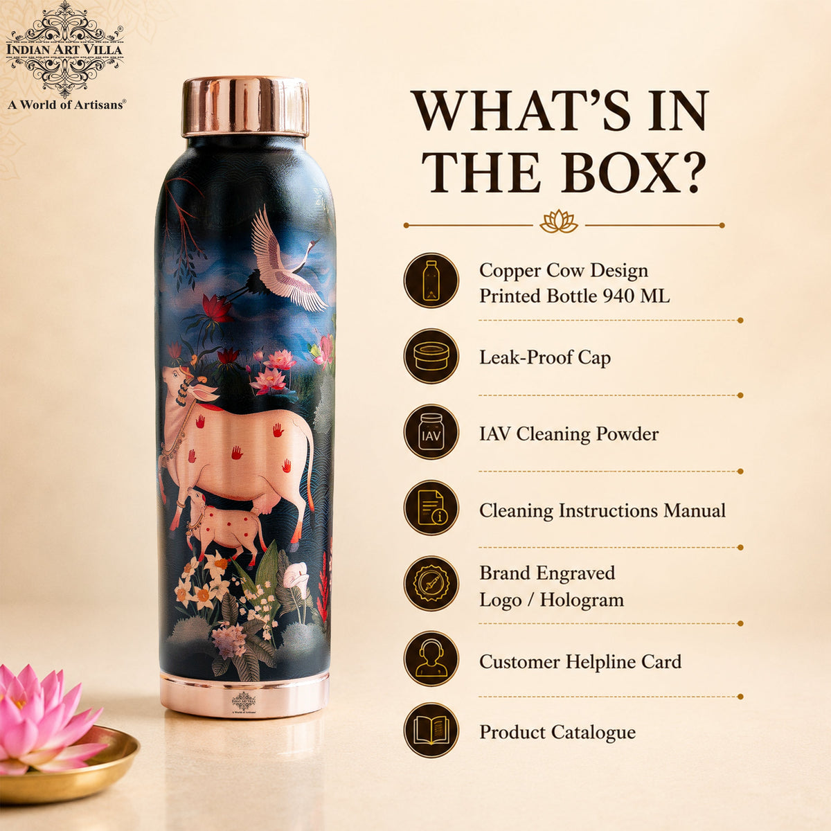 Copper Kalakriti Cow Art Printed Bottle - 940 ML