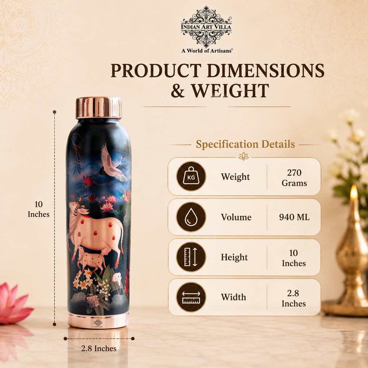 Copper Kalakriti Cow Art Printed Bottle - 940 ML
