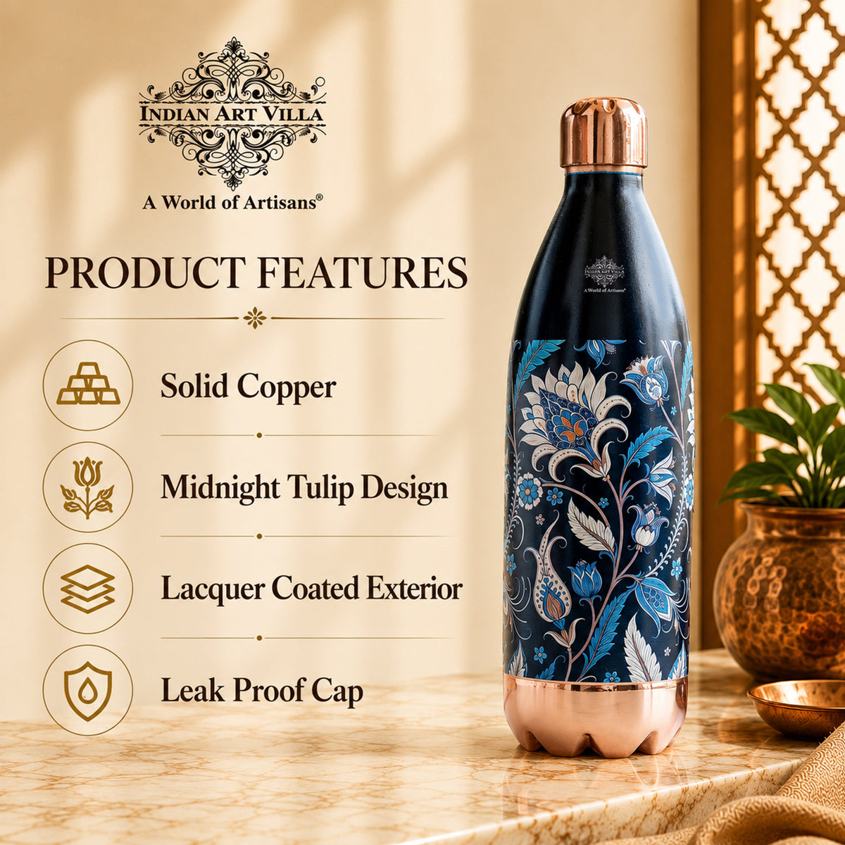 Copper Kalakriti Midnight Tulip Printed Bottle-1050 ML