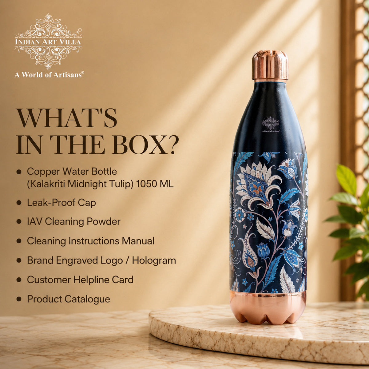 Copper Kalakriti Midnight Tulip Printed Bottle-1050 ML