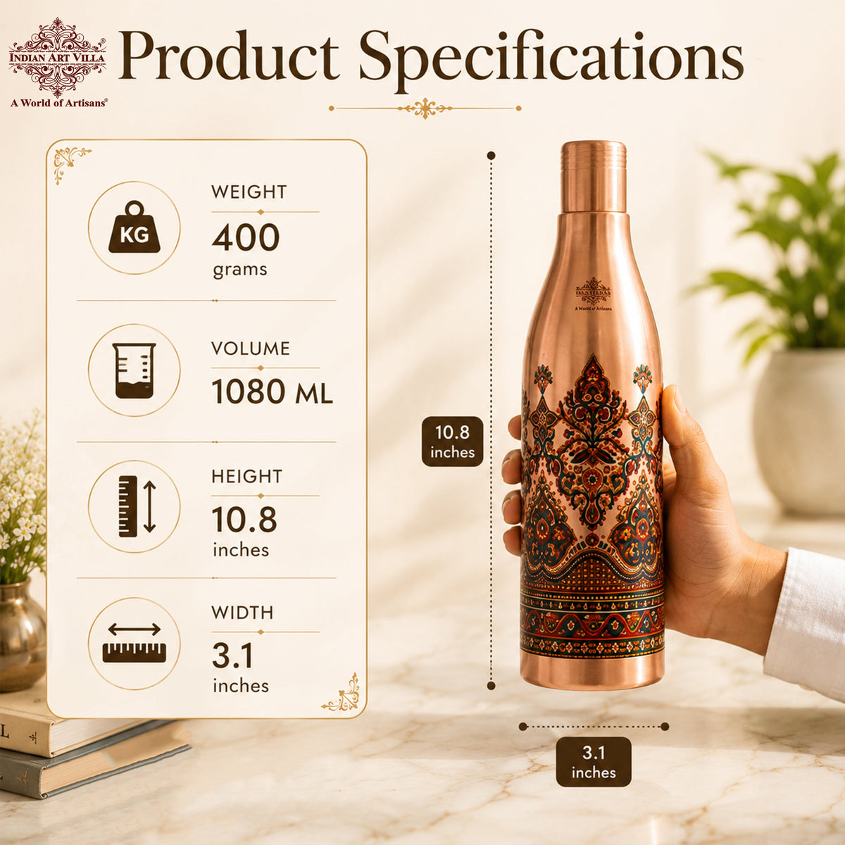Copper Kalakriti Rose Gold Blossom Printed Bottle-1080 ML