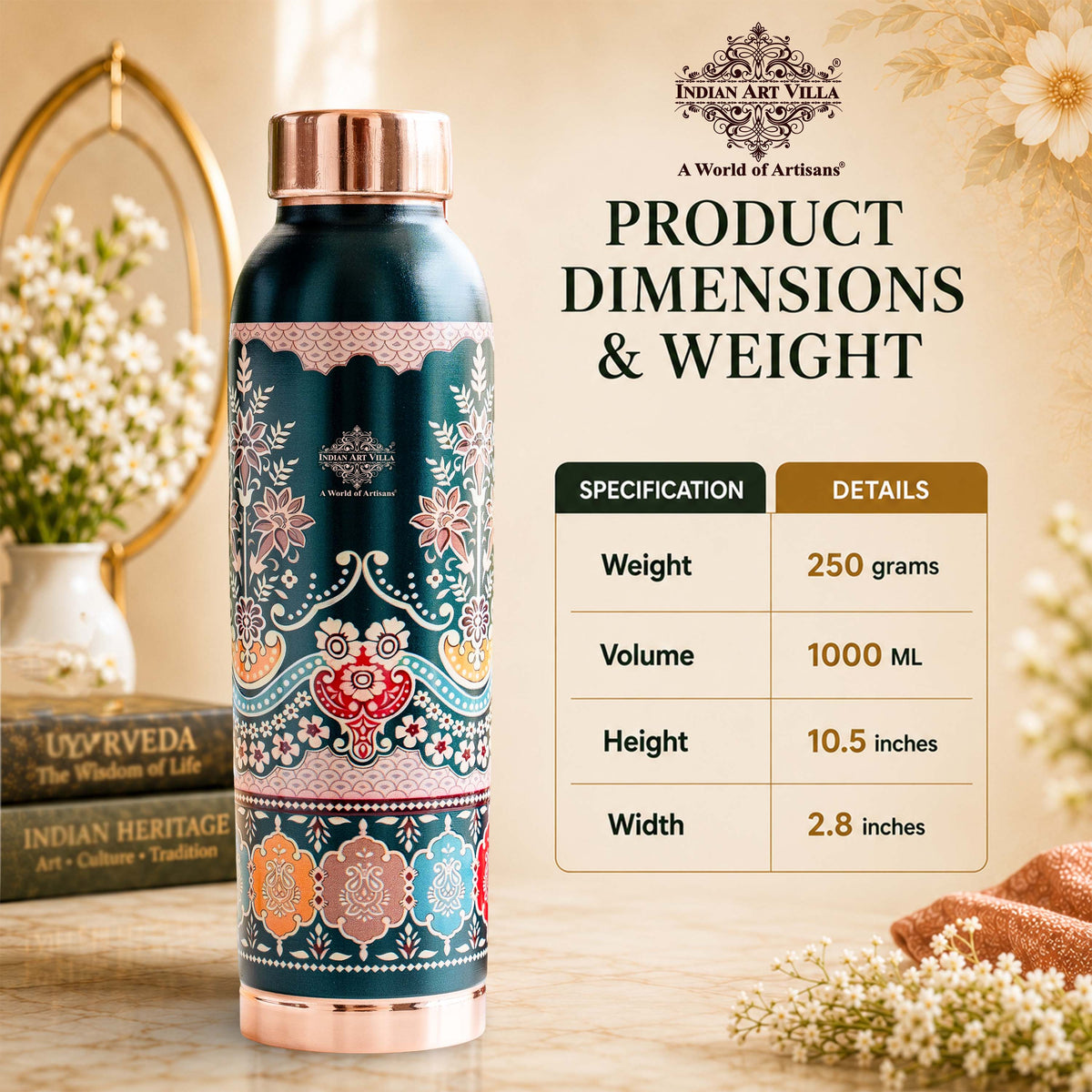 Copper Kalakriti Emerald Bloom Printed Bottle - 1000 ML