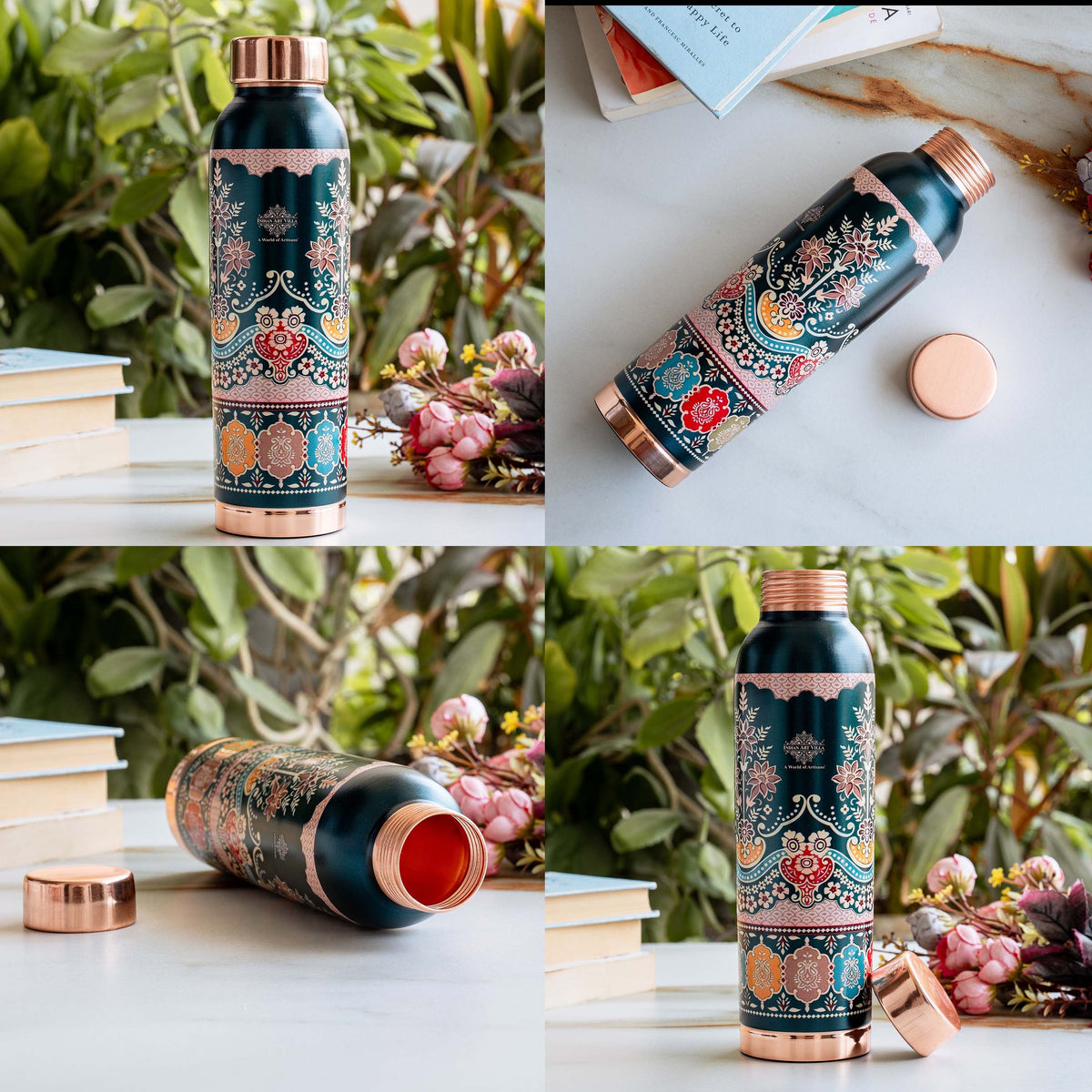 Copper Kalakriti Emerald Bloom Printed Bottle - 1000 ML