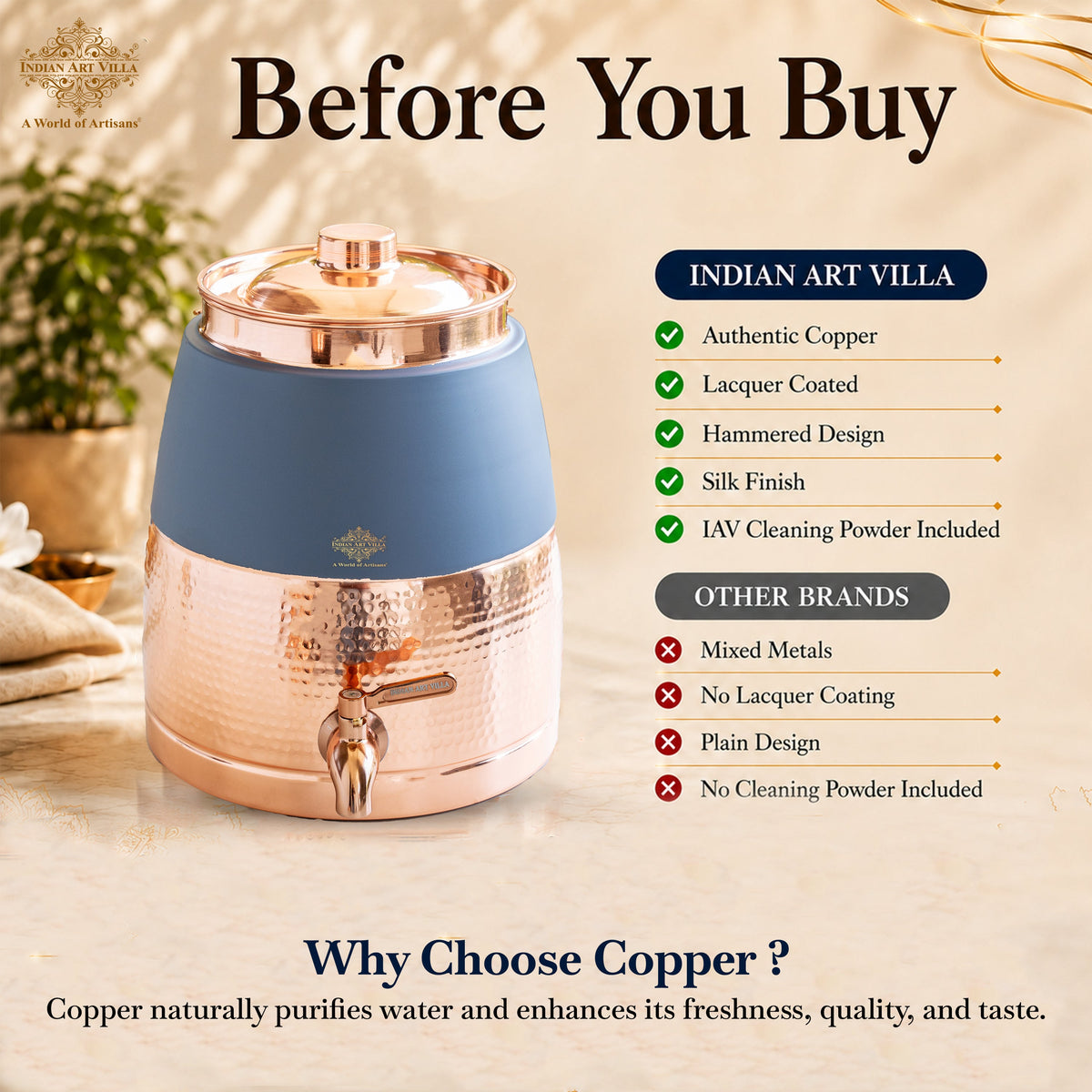 Copper Water Pot with Hammered Design & Silk Finish 7000 ML