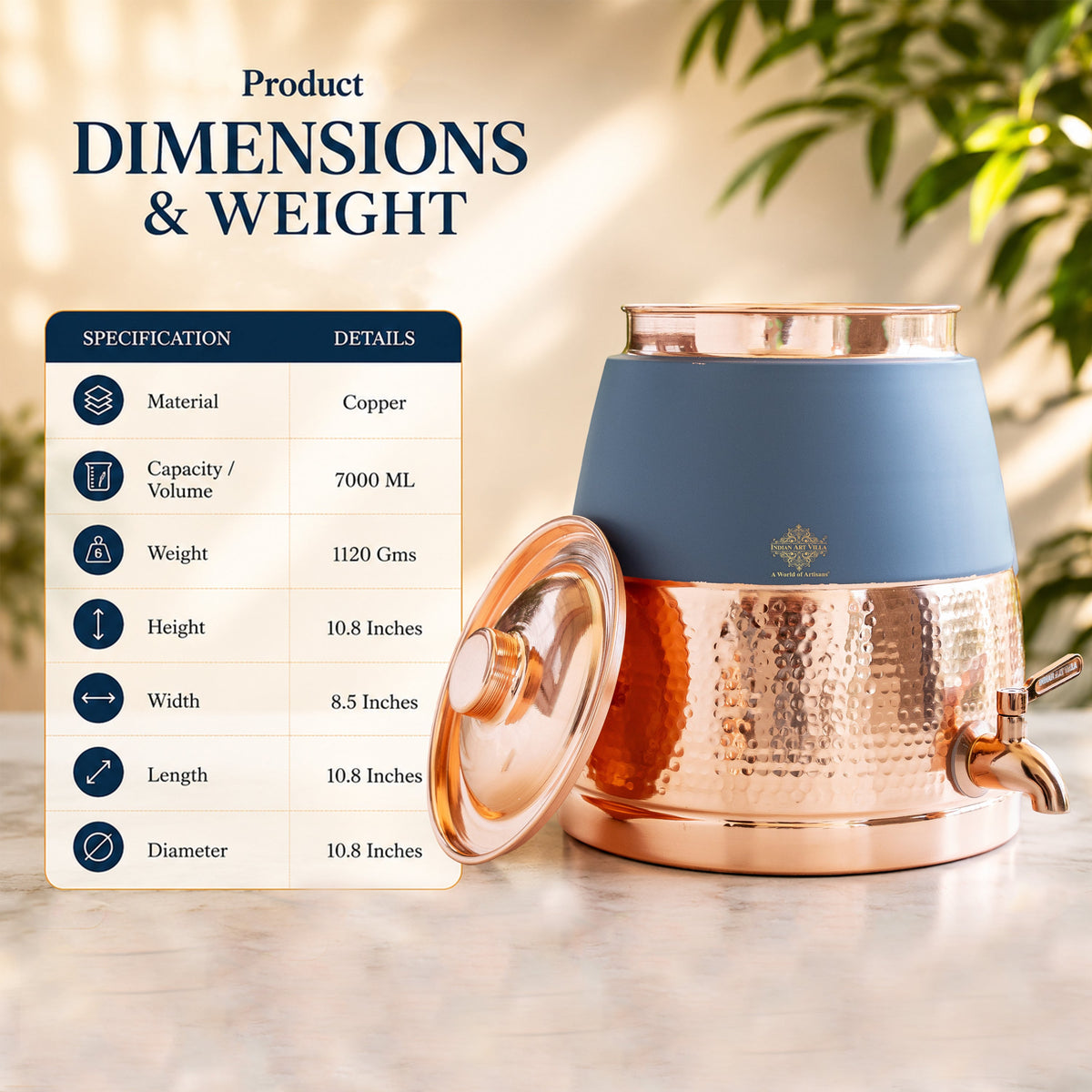 Copper Water Pot with Hammered Design & Silk Finish 7000 ML