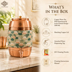 Copper Water Pot with Hammered Lotus Design & Brass Tap – 5300 ML