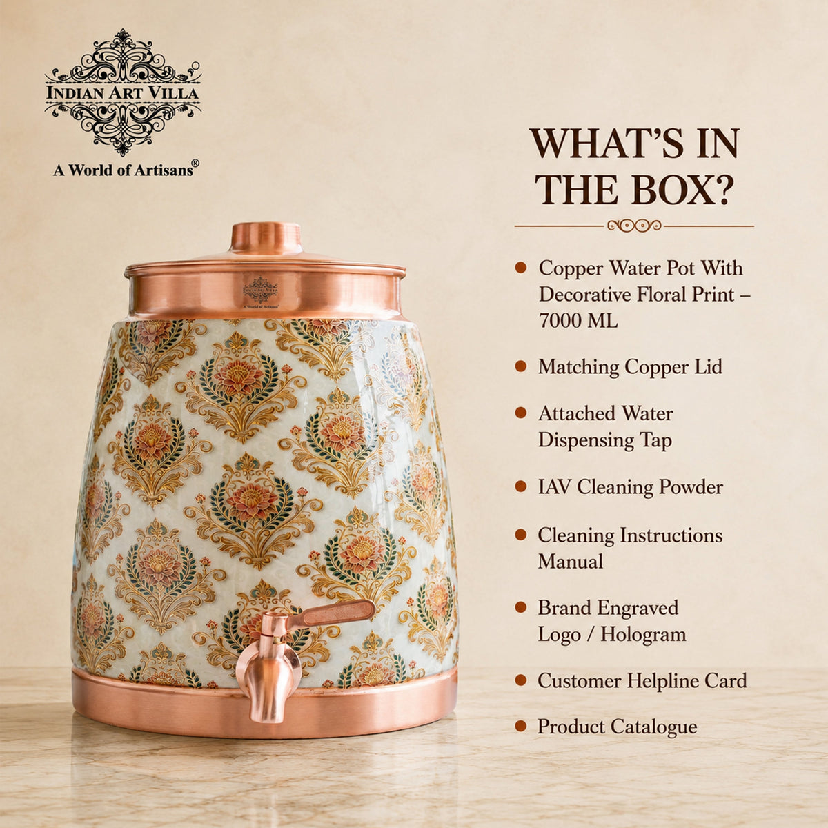 Copper Water Pot With Decorative Floral Kalakriti Print & Brass Tap- 7100 ML