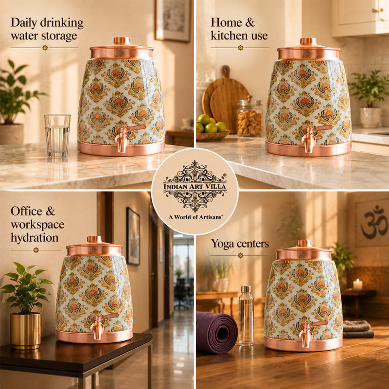 Copper Water Pot With Decorative Floral Kalakriti Print & Brass Tap- 7100 ML