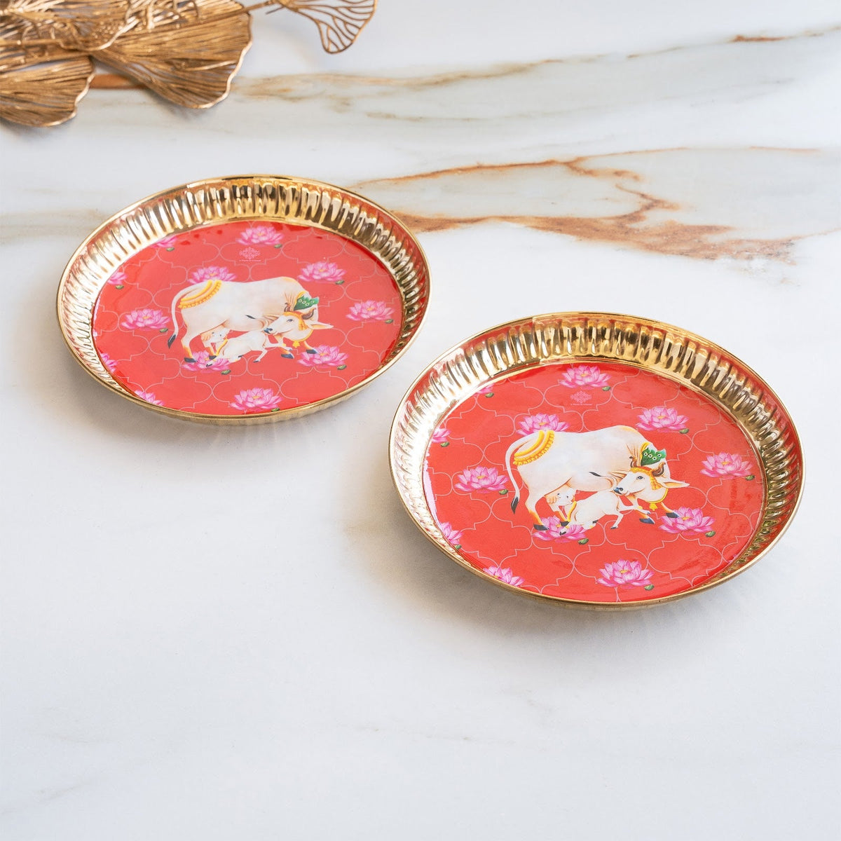 Brass Thali With Pichwai Kamdhenu Print Set Of 2
