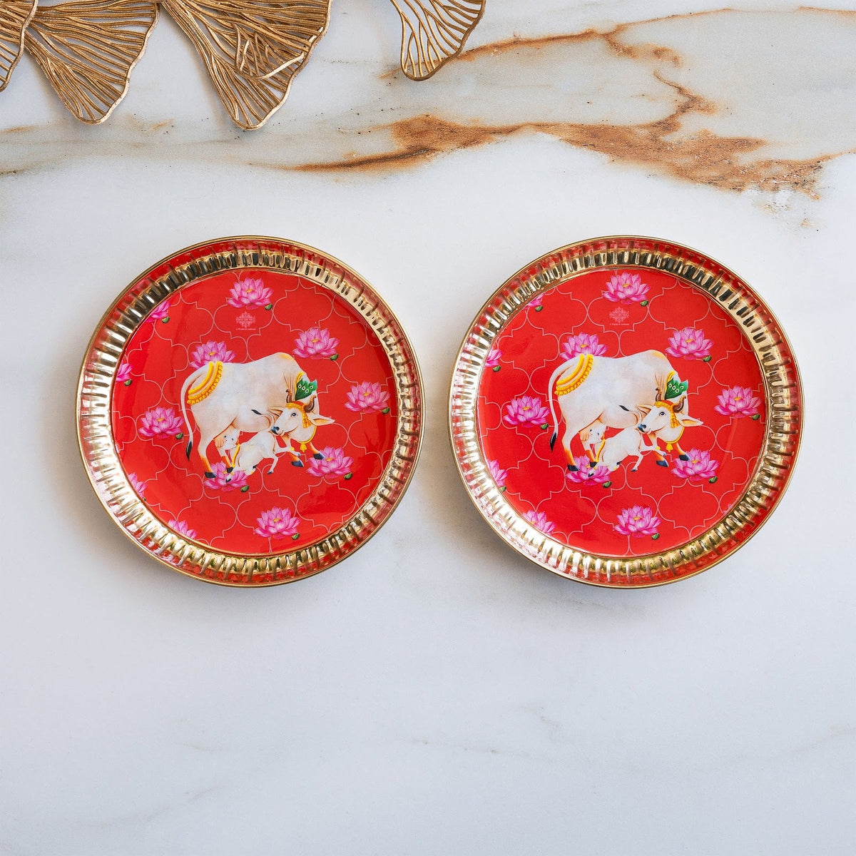 Brass Thali With Pichwai Kamdhenu Print Set Of 2