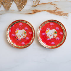 Brass Thali With Pichwai Kamdhenu Print Set Of 2