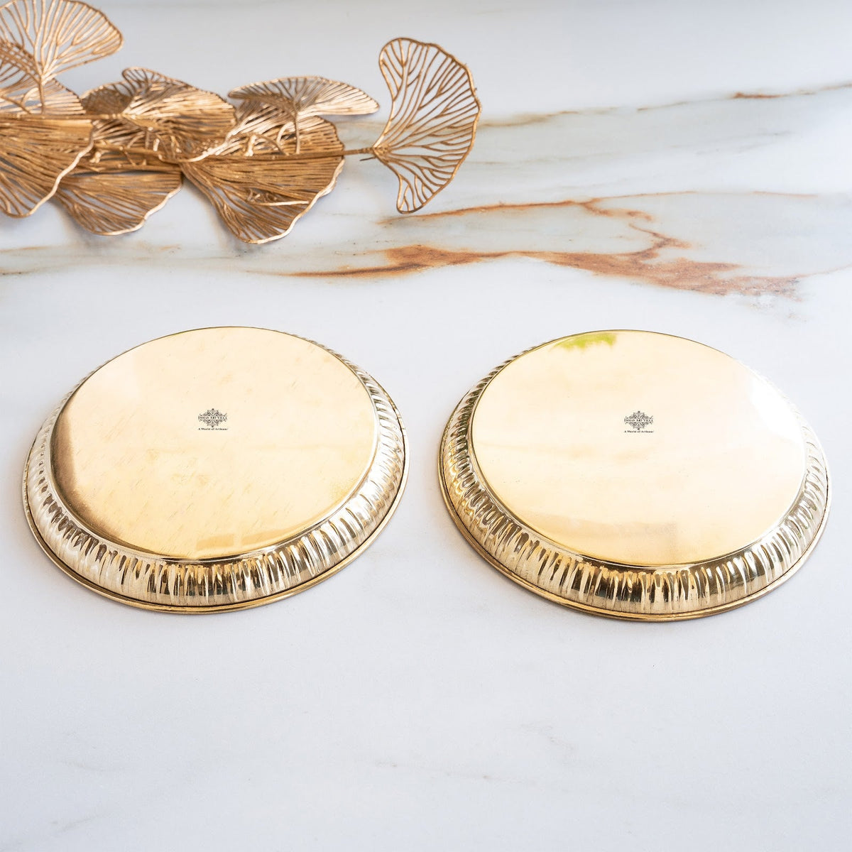 Brass Thali With Pichwai Kamdhenu Print Set Of 2