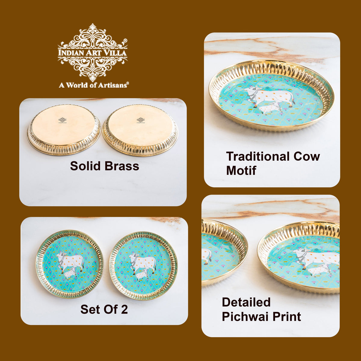 Brass Thali With Pichwai Kamdhenu Print Set Of 2
