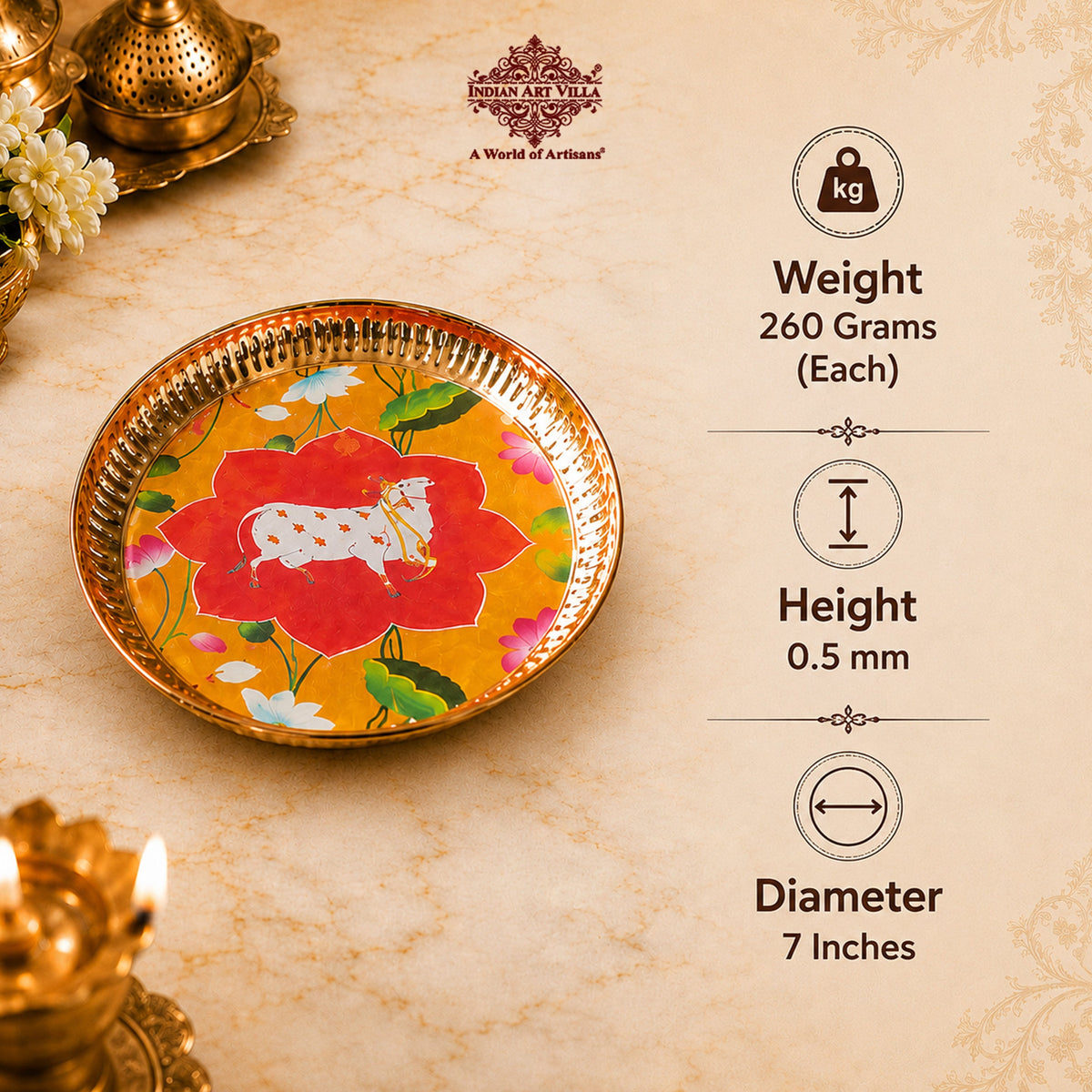 Brass Thali With Pichwai Cow Print Set Of 2
