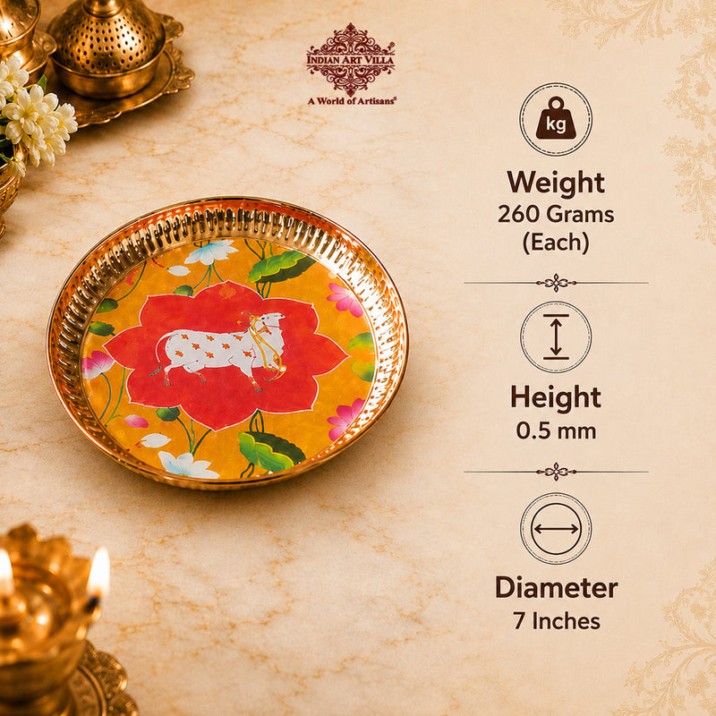 Brass Thali With Pichwai Cow Print Set Of 2