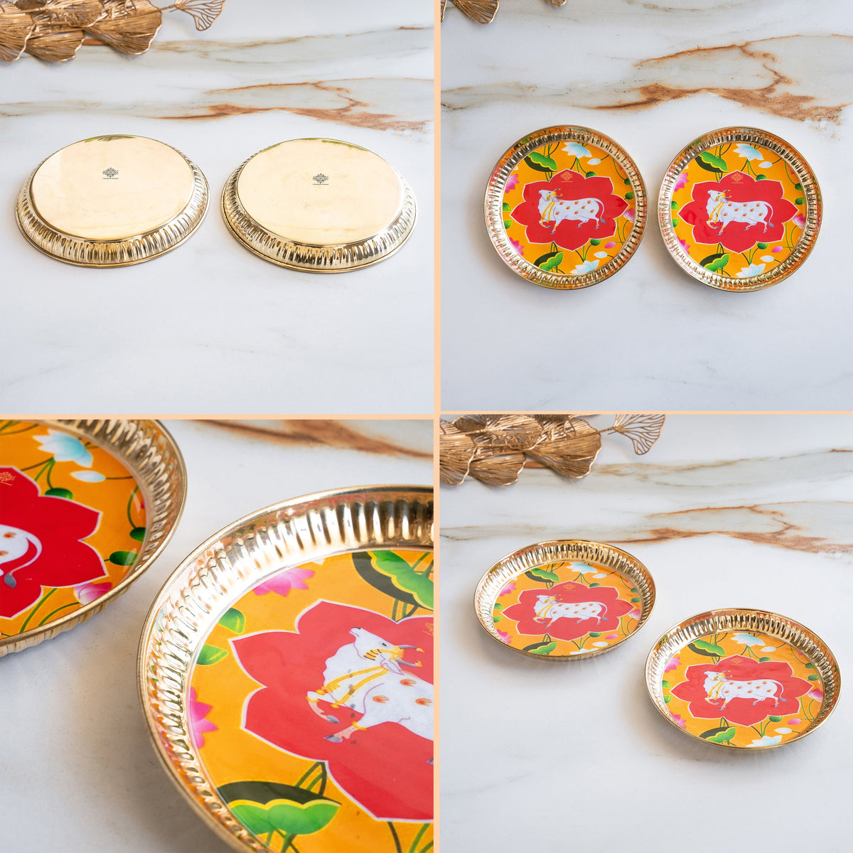 Brass Thali With Pichwai Cow Print Set Of 2