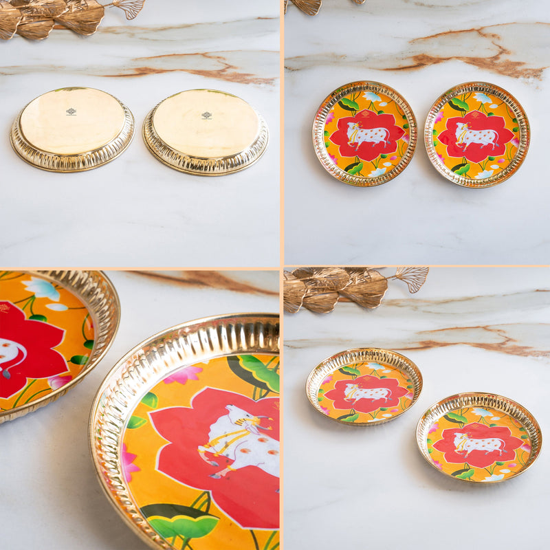 Brass Thali With Pichwai Cow Print Set Of 2