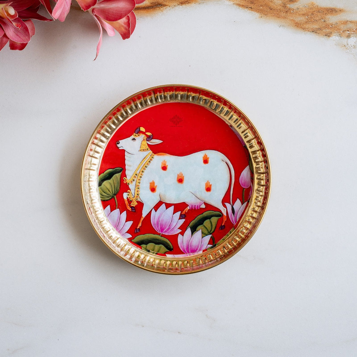 Brass Pooja Thali with Pichwai Cow Print - 17.78 CM