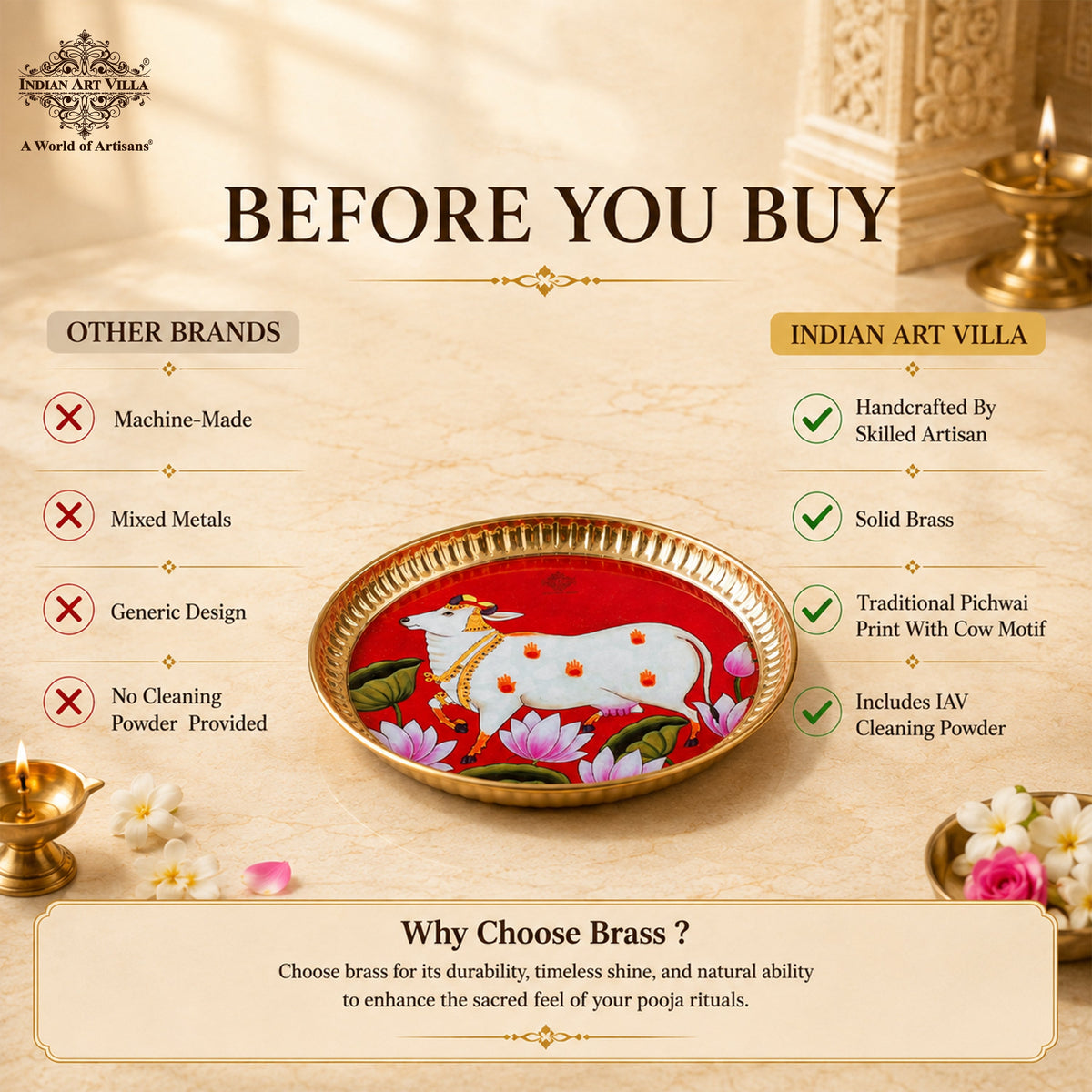 Brass Pooja Thali with Pichwai Cow Print - 17.78 CM