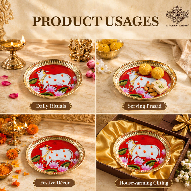 Brass Pooja Thali with Pichwai Cow Print - 17.78 CM