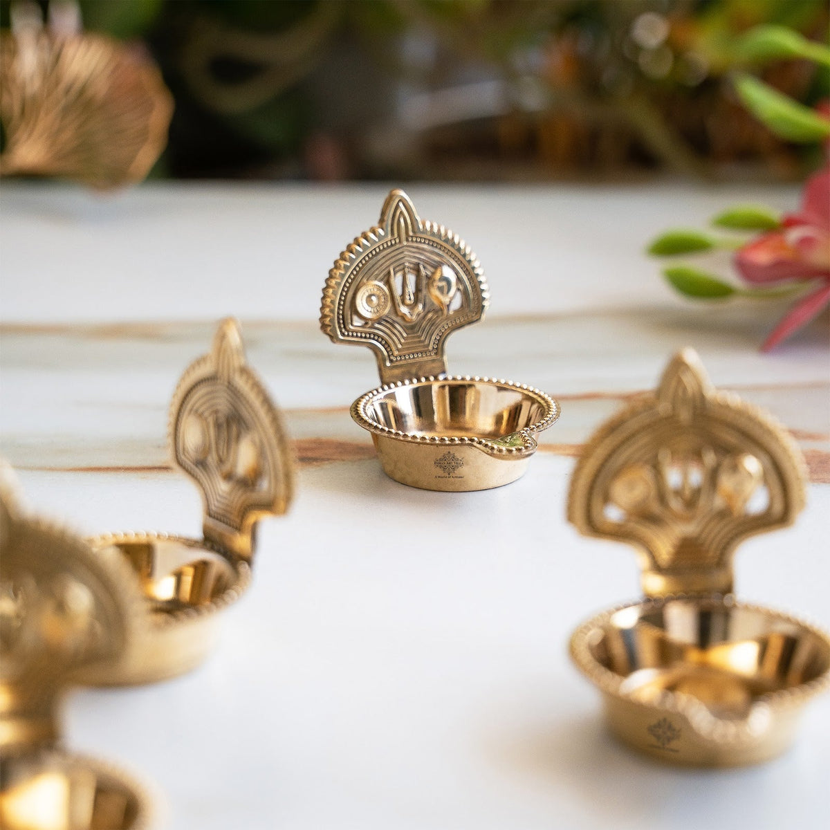 Brass Tilak Design Diya Set of 4 with Shine Finish for Daily Puja