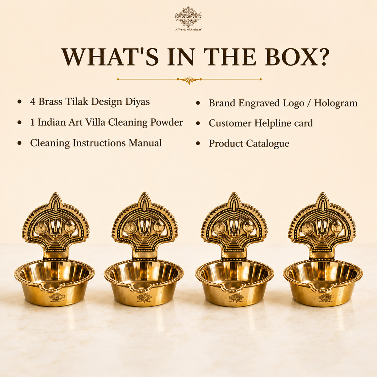 Brass Tilak Design Diya Set of 4 with Shine Finish for Daily Puja
