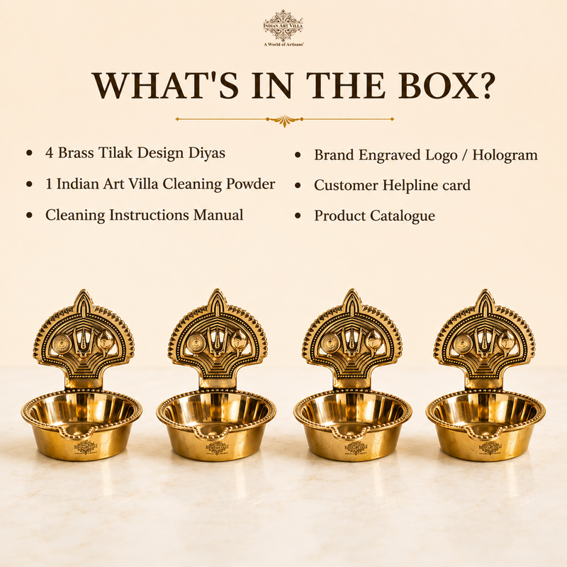 Brass Tilak Design Diya Set of 4 with Shine Finish for Daily Puja
