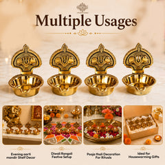 Brass Tilak Design Diya Set of 4 with Shine Finish for Daily Puja