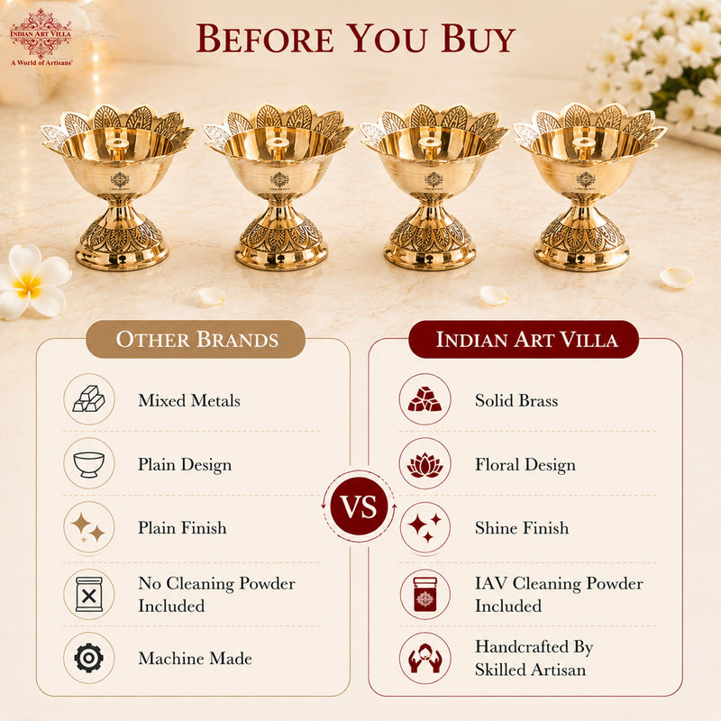 Brass Floral Diya Set of 4, Decorative Oil Lamps for Pooja