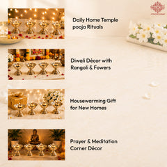 Brass Floral Diya Set of 4, Decorative Oil Lamps for Pooja