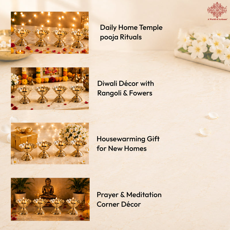 Brass Floral Diya Set of 4, Decorative Oil Lamps for Pooja