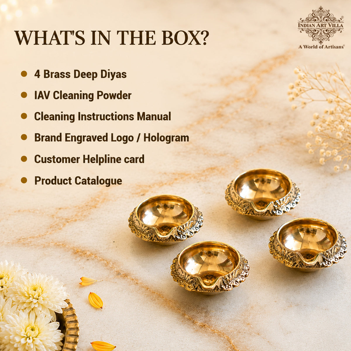 Brass Diya Set of 4 with Embossed Design & Shine Finish