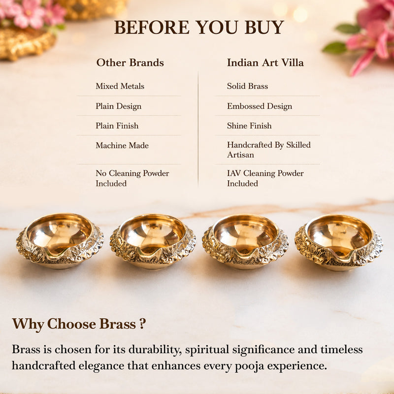 Brass Diya Set of 4 with Embossed Design & Shine Finish