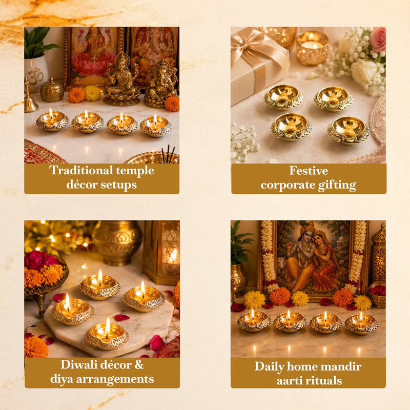 Brass Diya Set of 4 with Embossed Design & Shine Finish
