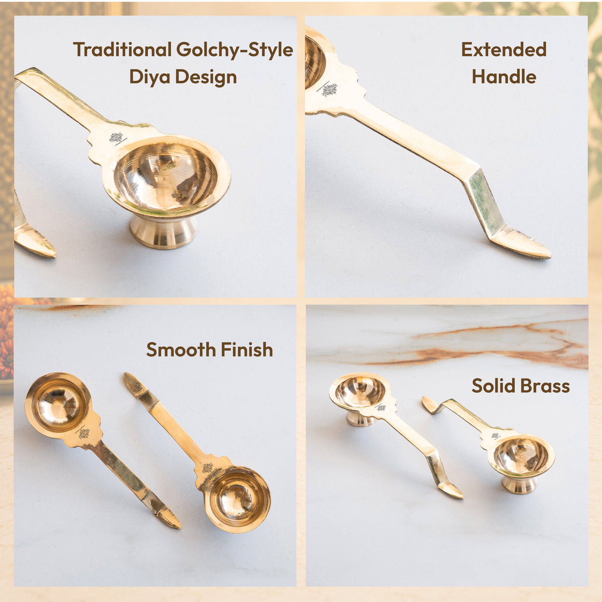 Brass Golchy Aarti Diya Set of 2 with Long Handle