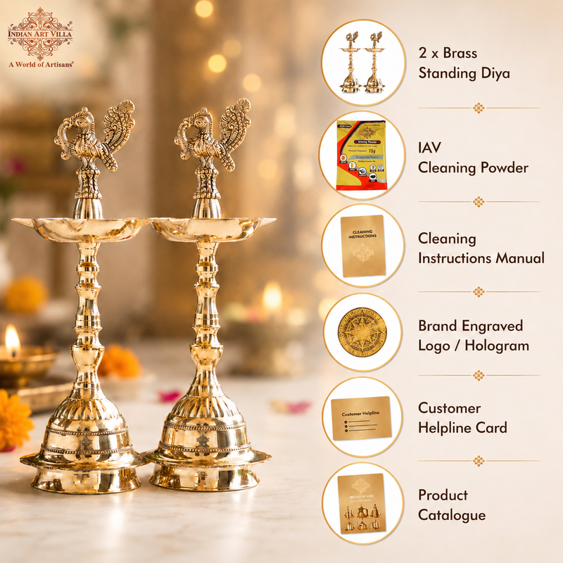 Brass Pillar Diya Set of 2 - Traditional South Indian Temple Oil Lamps