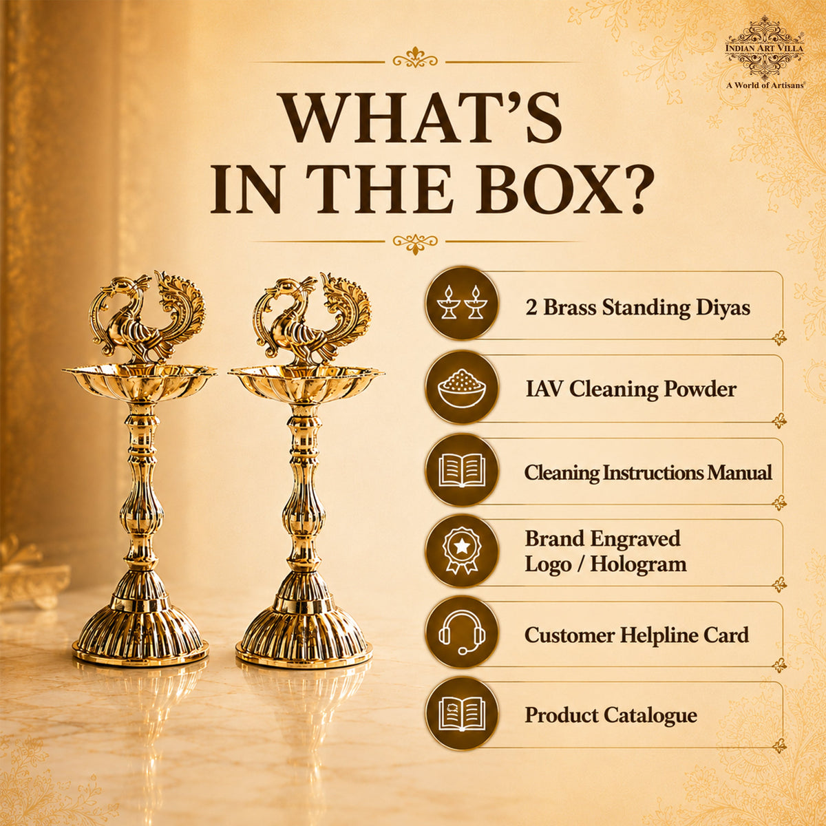 Brass Pillar Diya Set of 2 - Standing Oil Lamps