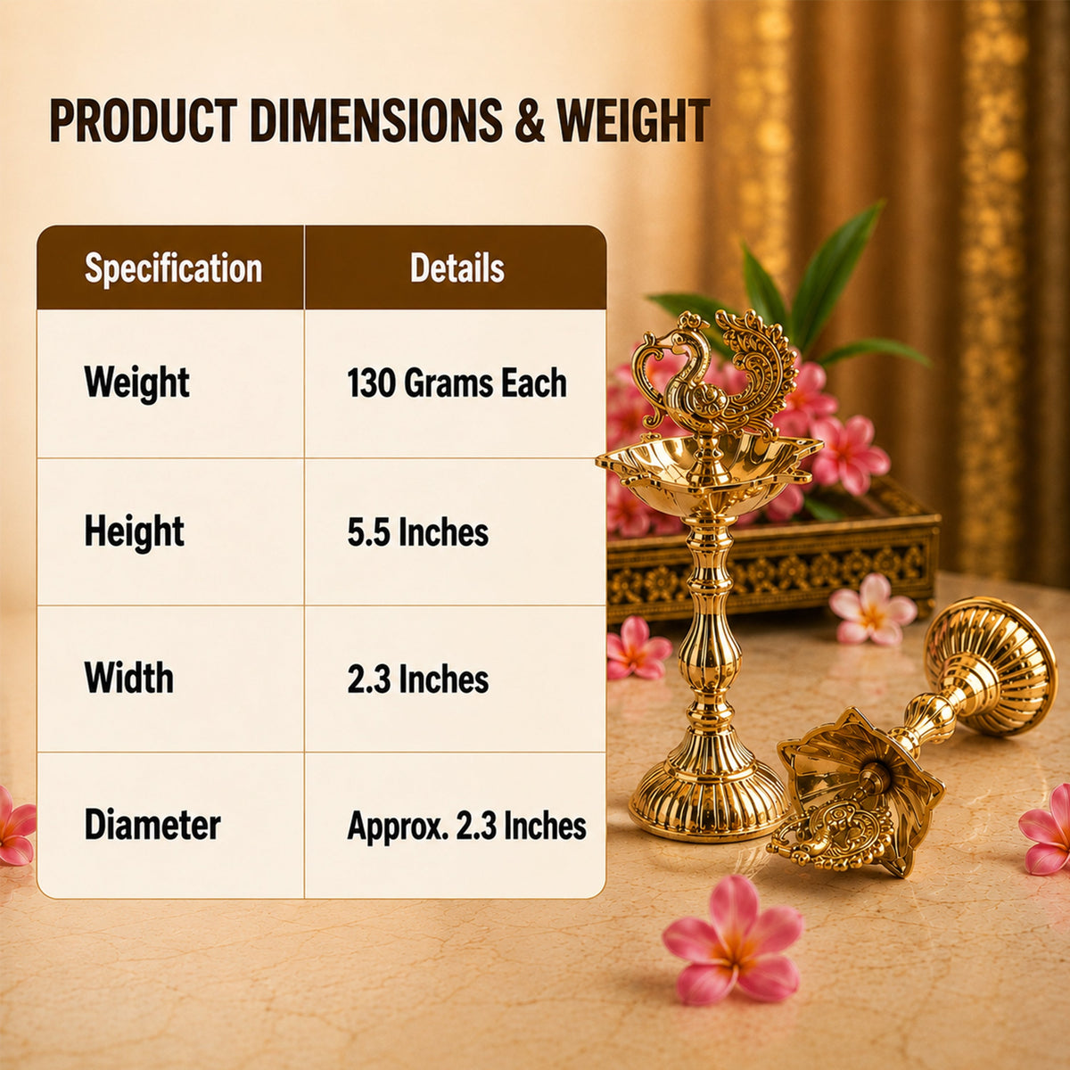 Brass Pillar Diya Set of 2 - Standing Oil Lamps